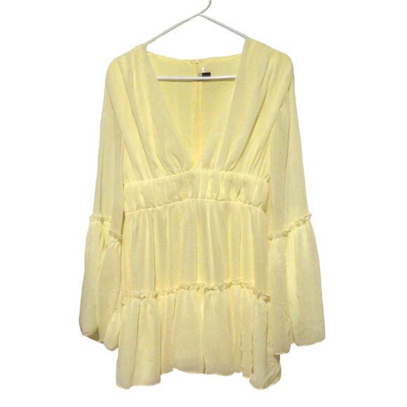 Miss Ord Yellow Balloon Sleeve Tiered Dress Flowy Womens Size L Statement Dress - Picture 1 of 3